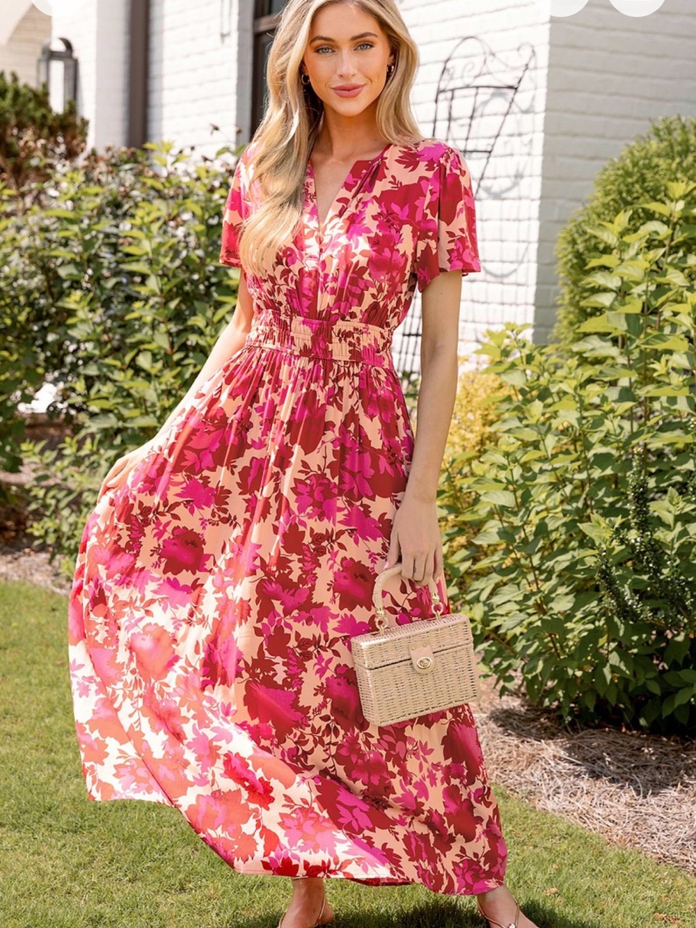 Cupshe Pink Floral V‑Neck Maxi Dress
